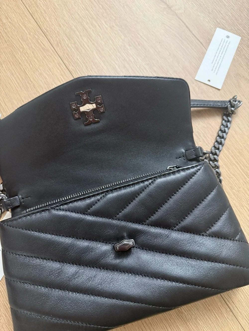 Tory Burch Black Quilted Leather Crossbody Wallet with Logo Chain